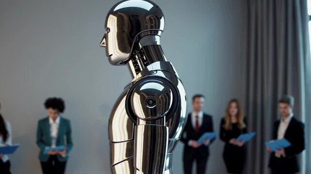 Metallic humanoid robot standing confidently during job interview, representing technological advancement and futuristic employment strategies in modern workplace environment