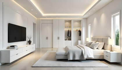 A modern bedroom with white color built-in Wall Paneling and tv cabinet.