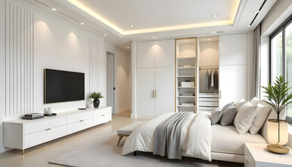 A modern bedroom with white color built-in Wall Paneling and tv cabinet.