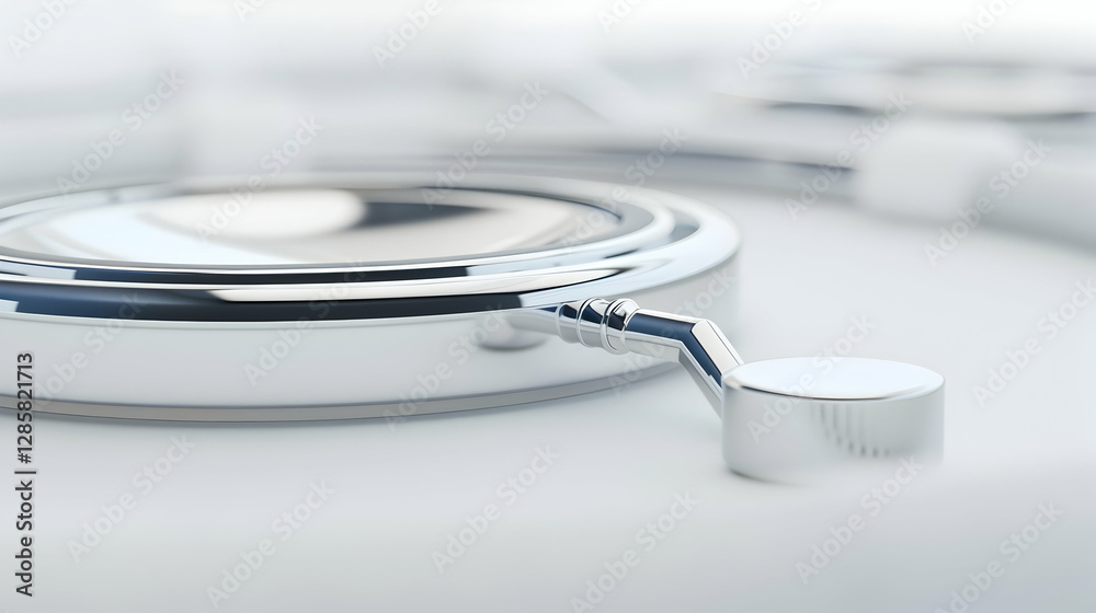 Poster close-up of a shiny, circular metallic object reflecting soft light on a smooth surface