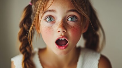 Young girl with blue eyes and red hair is looking at the camera with her mouth wide open