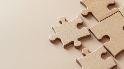 Obraz premium Wooden puzzle pieces on light background, symbolizing connection and creativity