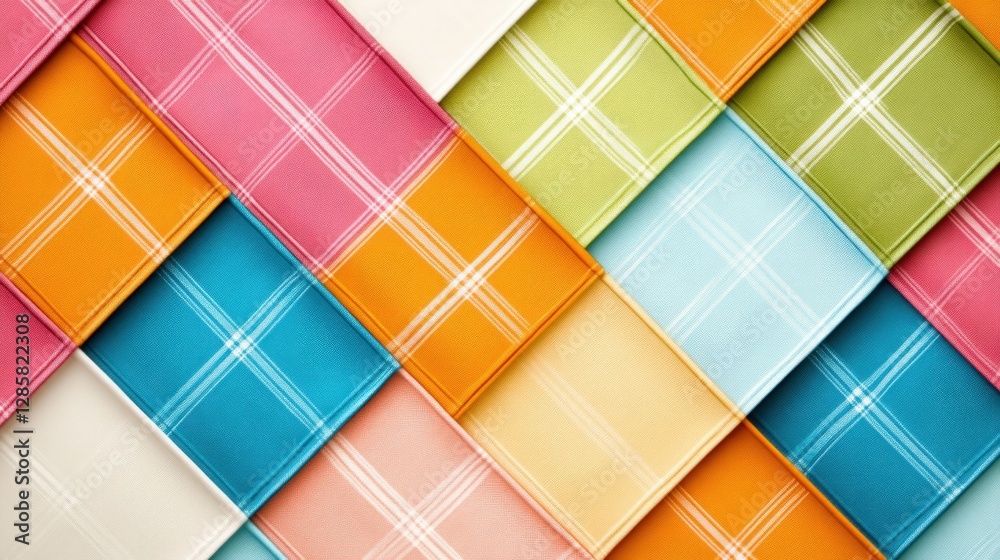 Poster colorful checked fabric samples arranged in a vibrant pattern