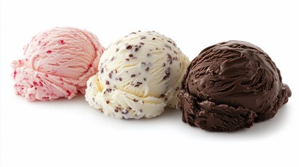 Fototapeta premium Three scoops of ice cream strawberry, cookies and cream, and chocolate.