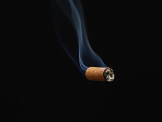 A lit cigarette with delicate smoke trails rising against a dark backdrop, highlighting the glowing tip and smoky atmosphere.
