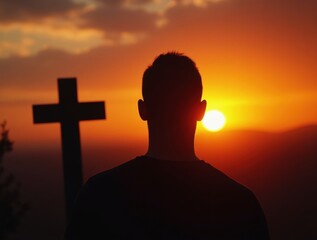 Close-up man’s silhouette at crossroads, black against vibrant sunset, highlighting life’s pivotal choices.