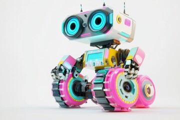 A whimsical, retro-futuristic robot with vibrant colors, featuring glowing blue eyes and pink accents, standing on a white background, showcasing a blend of technology and playfulness.