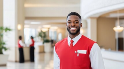 Fototapeta premium Friendly bellhop offers assistance to family in hotel lobby showcasing modern interiors and welcoming atmosphere