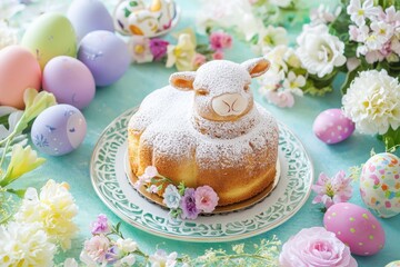 Festive Easter lamb cake covered in powdered sugar, surrounded by pastel eggs and flowers, creating a delightful holiday centerpiece on a light blue background, perfect for celebration.