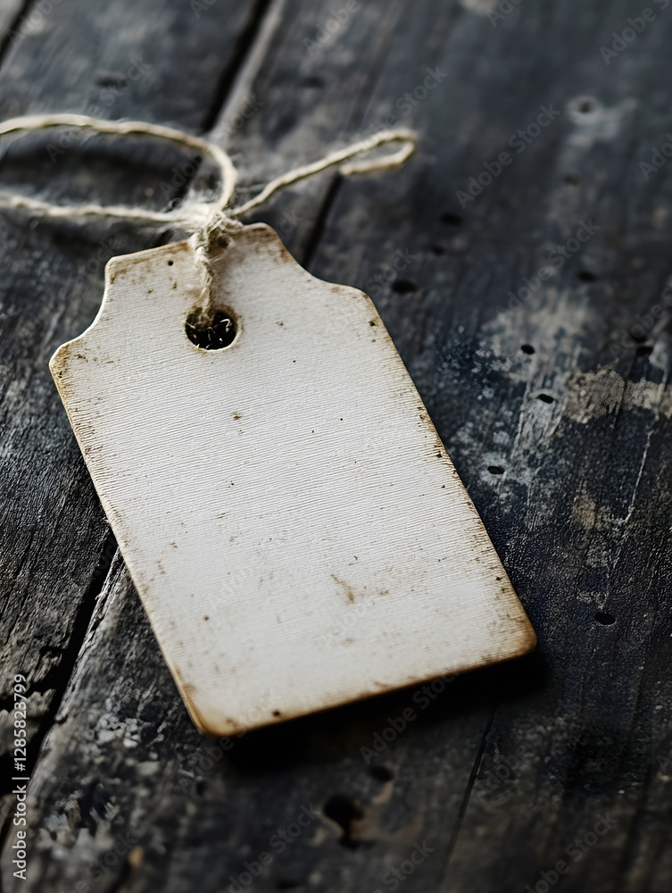 Poster Rustic Vintage Paper Tag on Weathered Wooden Surface With String : Generative AI