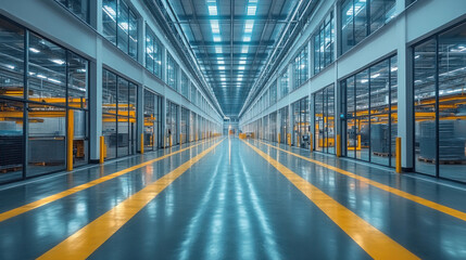 Obraz premium A minimalist-style manufacturing plant with sleek lines, neutral colors, and an open floor plan