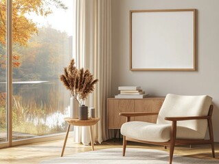 A white chair is in a room with a window and a framed white picture