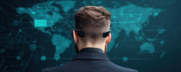 A man in a dark suit views a digital world map, suggesting themes of technology, global connectivity, and modernity.