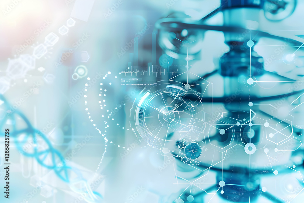 Poster abstract technology background featuring molecular structures and digital elements in a lab setting