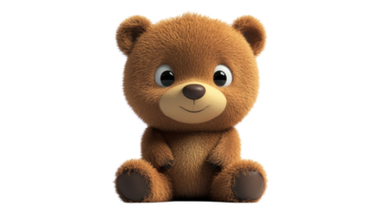 Cute cartoon bear toy sitting on a white background with a friendly smile and plush fur texture