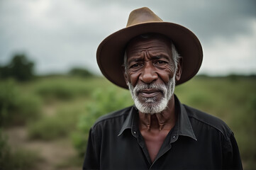 Fototapeta premium Portrait of an Experienced Farmer in a Rural Landscape Surrounded by Nature