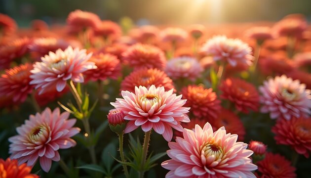 Una vibrante variedad de coloridas flores de crisantemo, con matices de rosa, naranja, rojo y blanco, dispuestas densamente en un entorno de jard&iacute;n