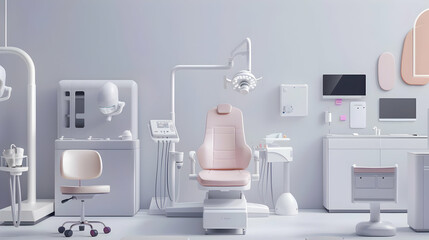 Modern dental clinic interior featuring a pink dental chair, equipment, and bright surroundings