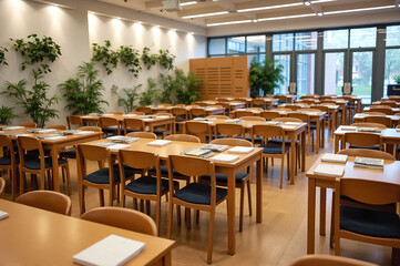 Modern Village School Classroom with Elegant Design and Abundant Natural Light