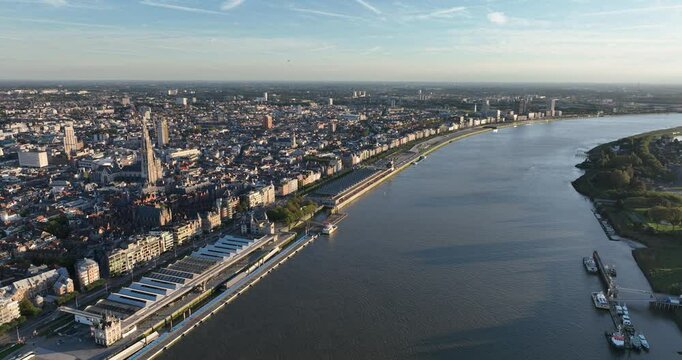 Antwerp, Schelde river, city and river views in Belgium. Aerial views.