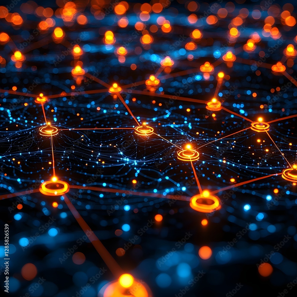 Poster glowing network map depicting real time business data flow in minimal white setting