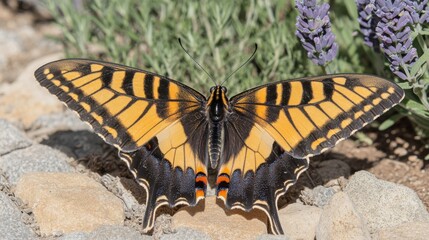 A vibrant butterfly in a herb garden, framed by aromatic plants like basil and thyme.