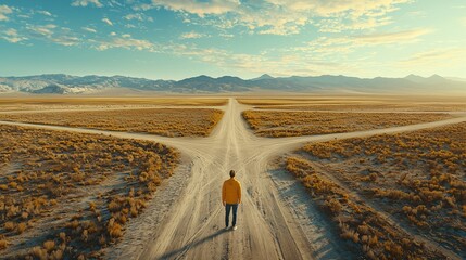 A young man in a yellow jacket standing at a crossroads in a vast landscape.