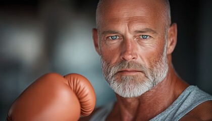 A serious middle-aged man with a beard wearing boxing gloves, ready for a match.