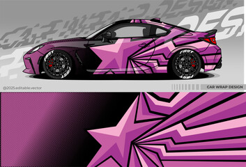 Sports car wrap design. Dominated by black, purple, white. There are sharp star and line shapes depicting speed and courage. Suitable for racing, drift or exhibition © Gayuhdesu