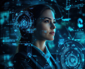 Exploring digital innovation futuristic woman tech lab portrait high-tech environment close-up empowerment