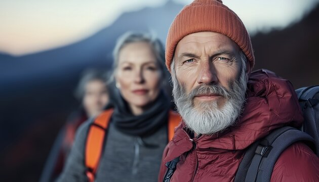 A senior man with a beard wearing a red beanie and jacket, hiking in the mountains with friends.
