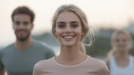 A young woman smiling joyfully while running with friends in a natural setting.