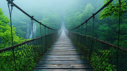 Obraz premium A wooden suspension bridge surrounded by lush green trees and fog.