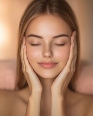 A serene young woman gently holding her face with closed eyes, showcasing a peaceful expression.