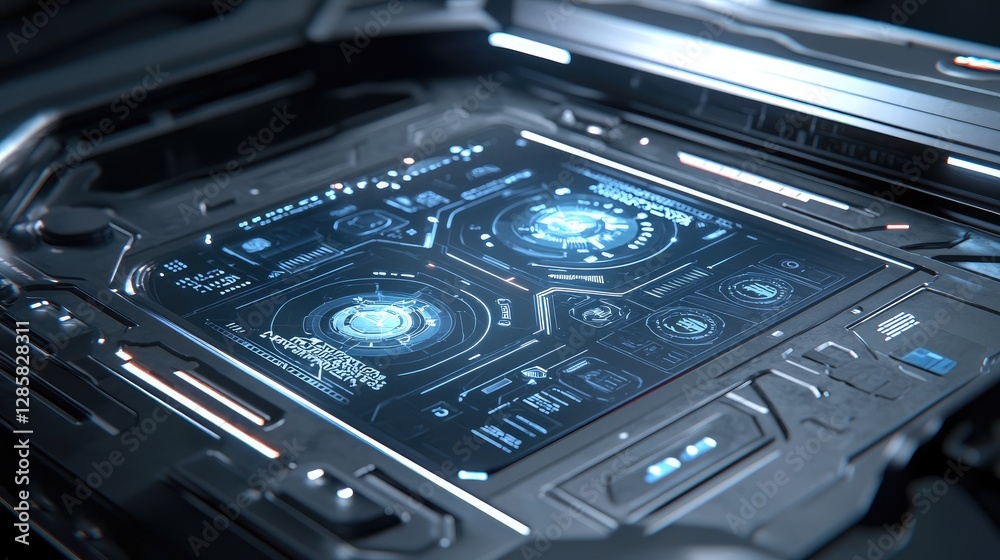 Poster futuristic control panel with interactive digital interface display