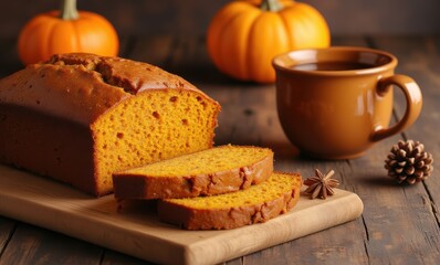 Fresh pumpkin bread with a cup