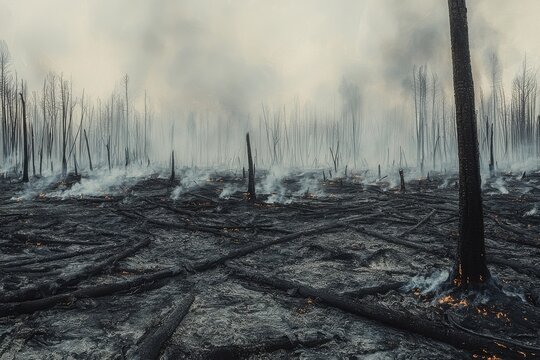 A desolate landscape of a forest fire aftermath, with charred trees and smoke, demonstrating the destructive power and ecological impact of wildfires on nature.