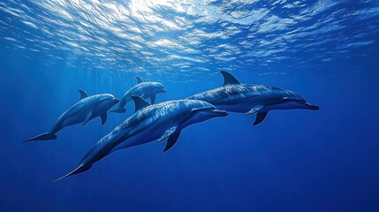 Obraz premium Oceanic dolphins swimming underwater, sunbeams through the water