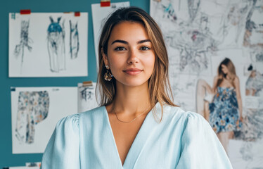 Fototapeta premium Fashion designer in studio creative workspace portrait photography professional environment close-up view style inspiration