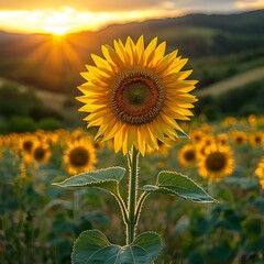 Glowing Sunflower Amid Blooming Field Basking in Radiant Sunlight