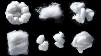 Set wadding, absorbent cotton wool isolated on black color background and texture, clipping path
