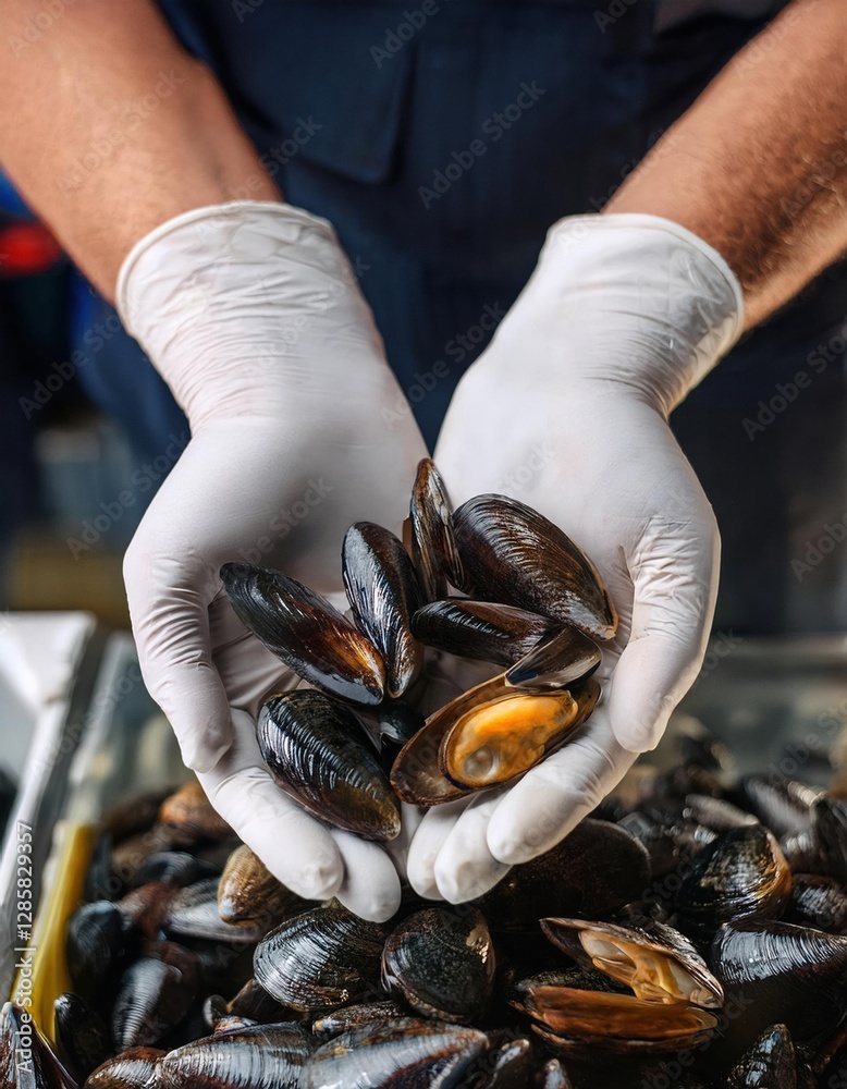 Wall mural Quality seafood selection is highlighted by a worker handling fresh mussels