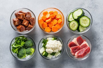 Meal prep bowls with fresh vegetables meat