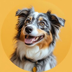 Fototapeta premium Pet Economy Happy dog with bright expression on yellow background.