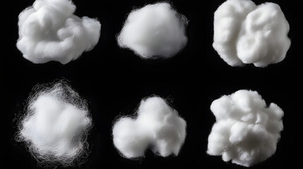 Set wadding, absorbent cotton wool isolated on black colored background and texture, clipping path
