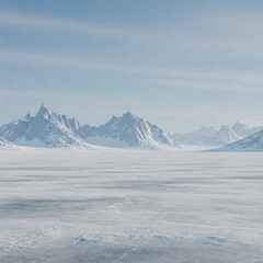 frozen tundra with jagged, glass-like mountains reflecting a cold, pale blue sky.