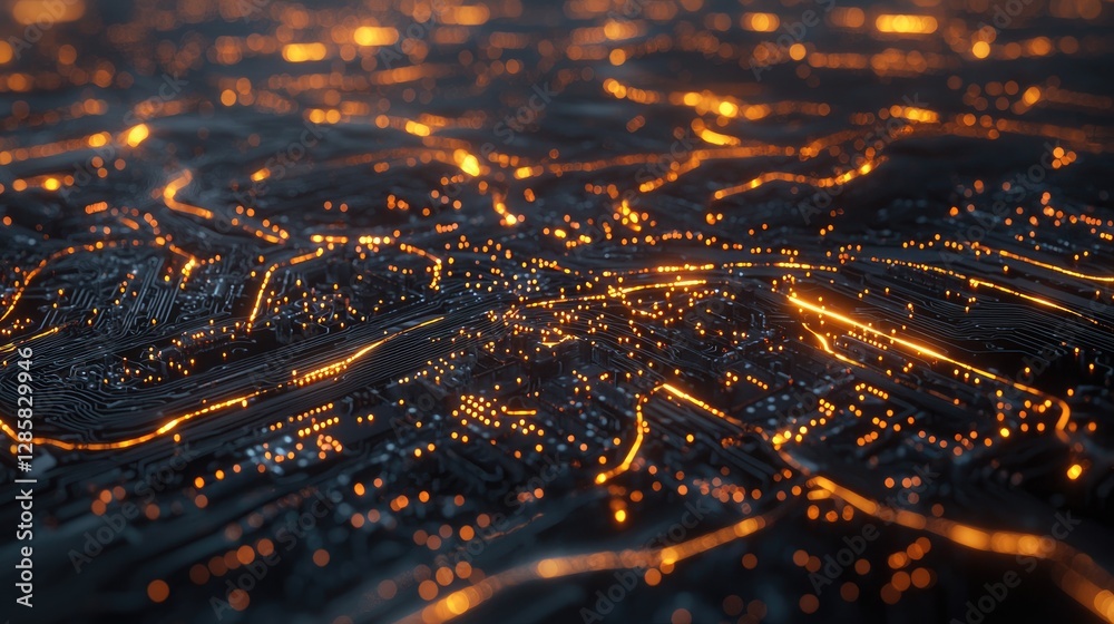 Poster abstract close-up of circuit board with glowing lights and patterns