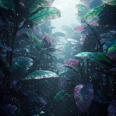 An alien jungle with massive, colorful leaves and floating pollen particles illuminating the air.