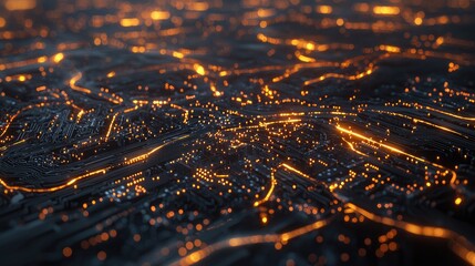Abstract Close-Up of Circuit Board with Glowing Lights and Patterns