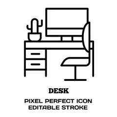 Desk symbol, featuring an editable stroke outline icon isolated on white background flat vector illustration. Pixel perfect
